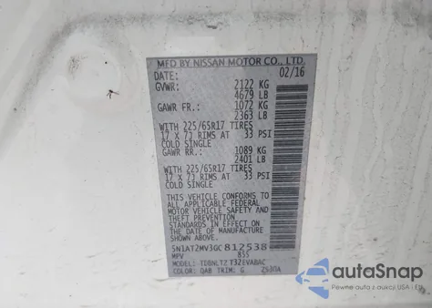 2016 Nissan Rogue Sv z USA, uszkodzony, nr VIN 5N1AT2MV3GC812538